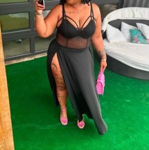 Women's Spaghetti Strap Double High Slit Sheer Mesh Dress